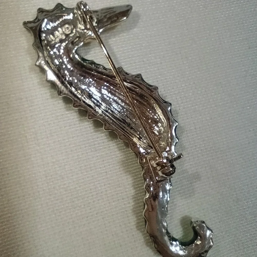 Time and Tide Sealife Pin Seahorse Silvertone with Teal and Gold Enamel Brooch